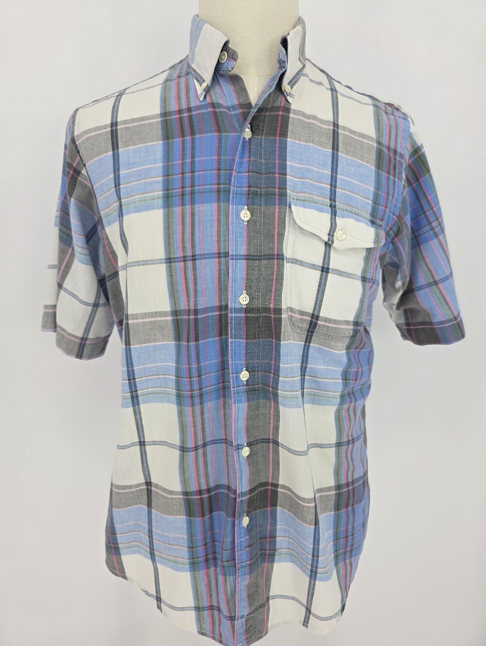 GANT Mens Large Blue Pink Plaid Button Down Shirt 100% Cotton Short Sleeve